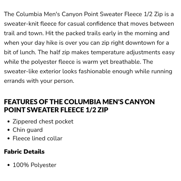 👀50% OFF❄️NWT‼️ Columbia brand Canyon Point 1/2 Zip Sweater Fleece - Picture 4 of 12